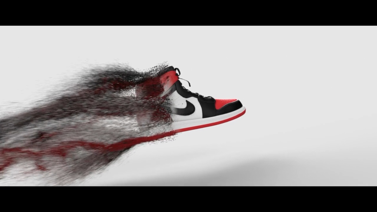Rot-schwarz-weißer Air Jordan 1, dessen hintere Hälfte sich in einen dunklen Partikelstrom auflöst