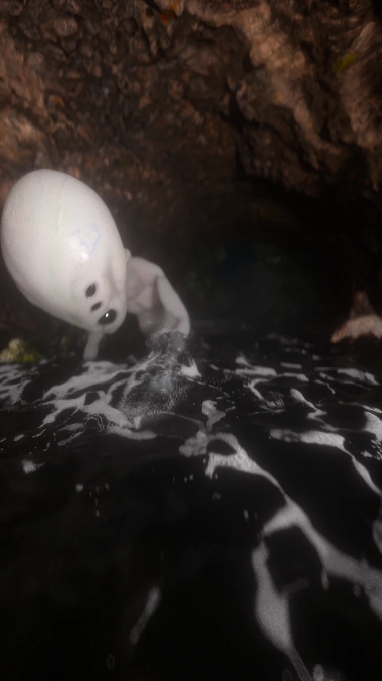 Alien creature touching the water surface in a whitewater fluid simulation