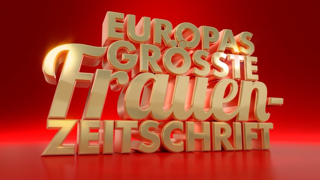 Goldene 3D-Schrift „Europas größte Frauenzeitschrift“ auf rotem Hintergrund