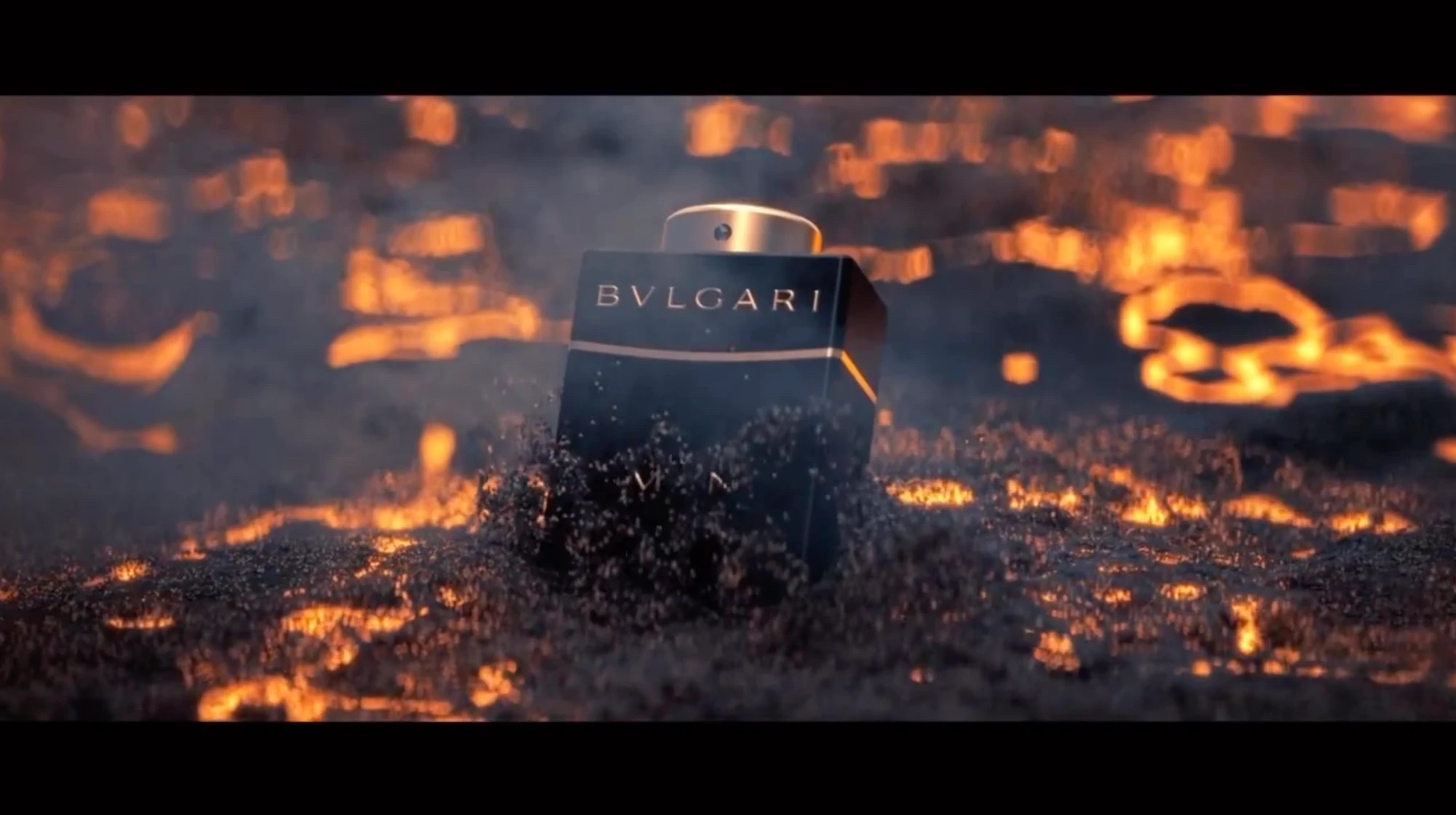 Bulgari bottle in a volcanic landscape of lava and ash, spec-ad animation