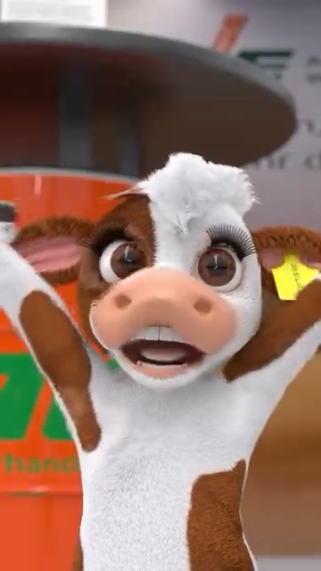 3D-Maskottchen Desi, eine junge braun-weiße Kuh mit großen Augen und gelber Ohrmarke, spricht in die Kamera