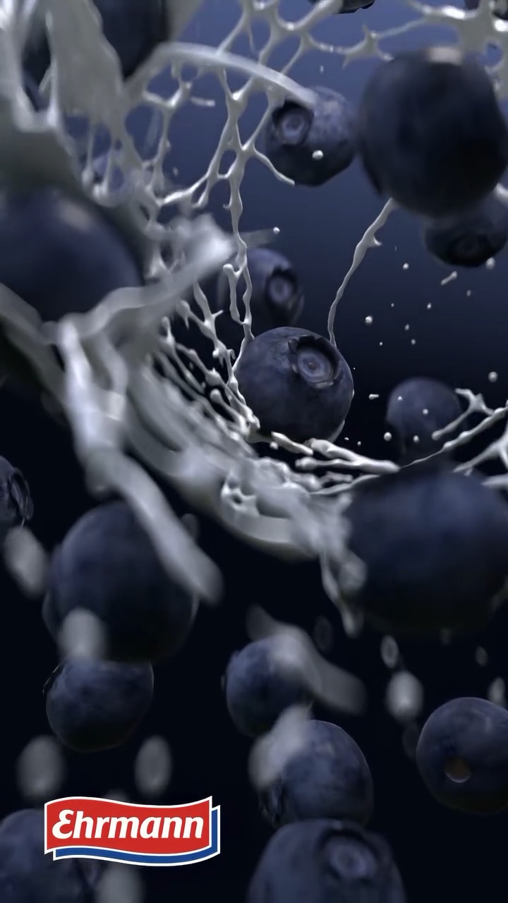Creamy splash torn into a web-like pattern swirling among many blueberries, Ehrmann logo bottom left
