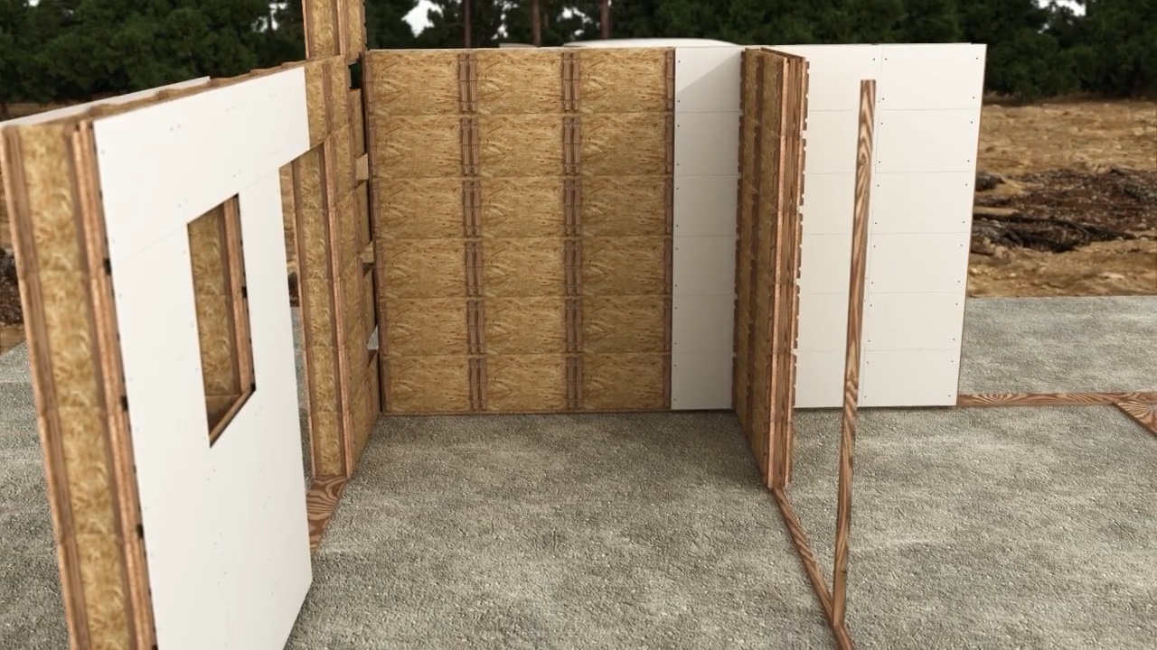 3D-Animation des FEROH Trockenbausystems: Wand- und Fensterelemente aus Holz und weißer Beplankung bilden auf einer Bodenplatte einen Raum