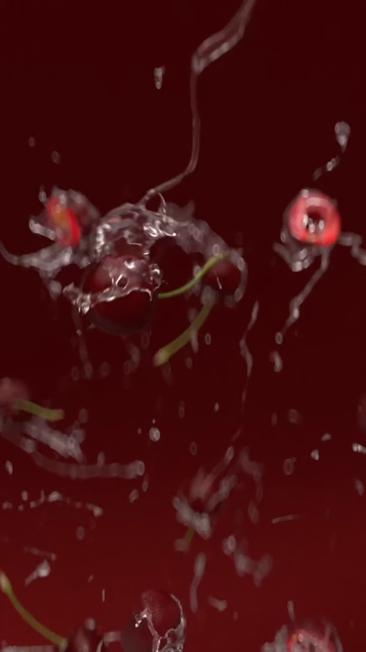 Halved cherries with stems and clear water splashes against a dark red background