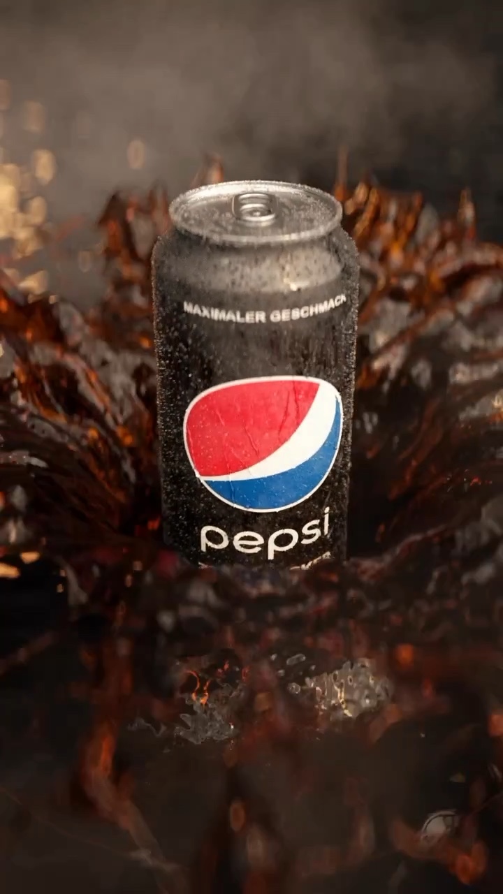 Pepsi Zero Sugar can covered in condensation standing in a rising cola splash, steam and lights in the background