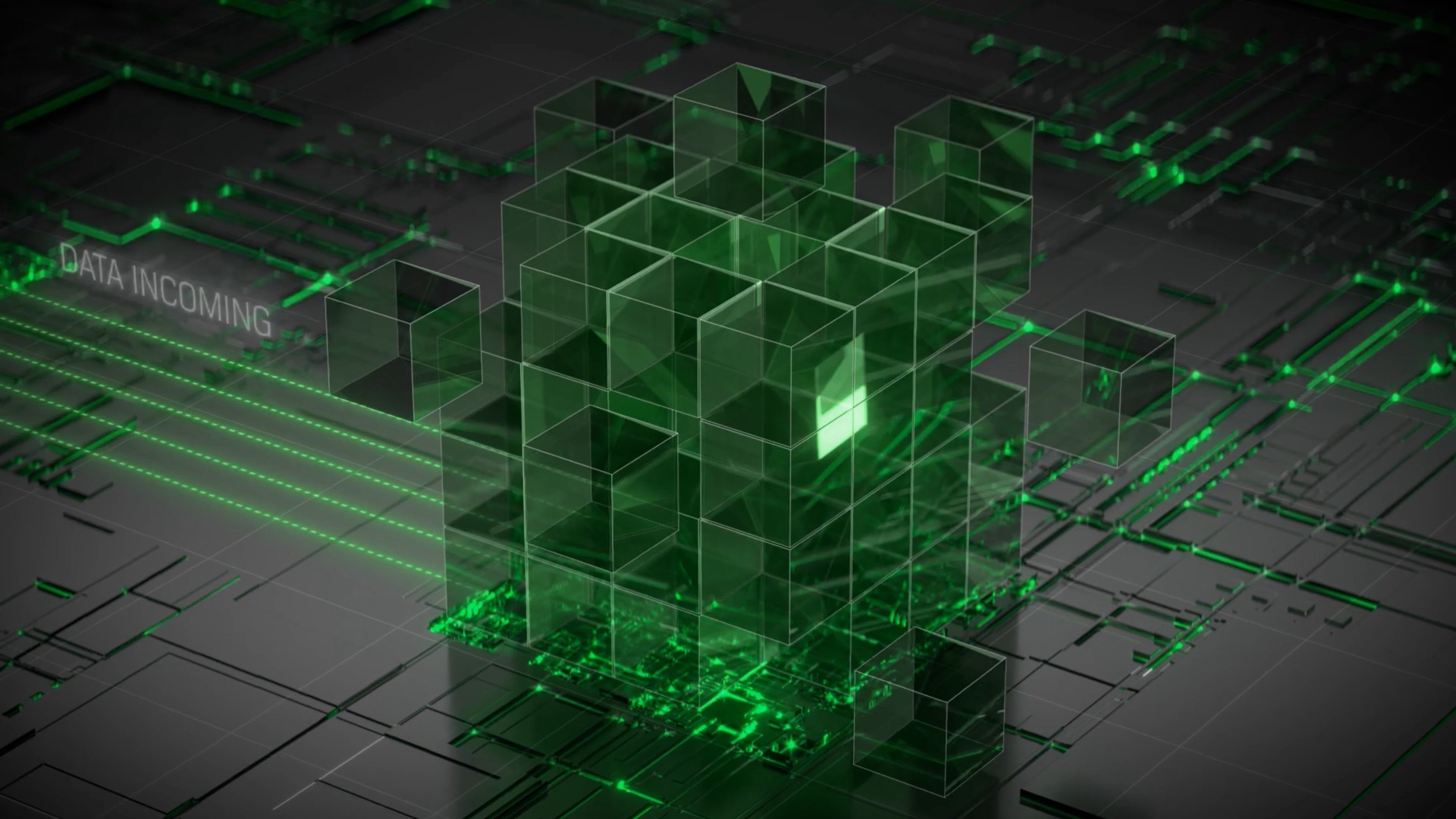 Green glowing glass data cube on a circuit-board-like surface