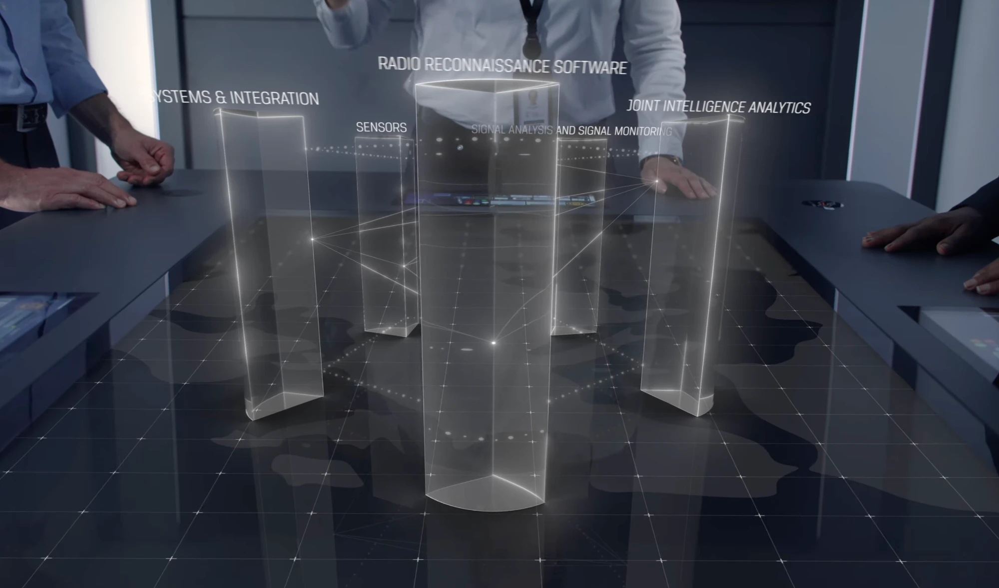 Holographic pillars and connected data points above a situation table with people standing around it – CGI in live action