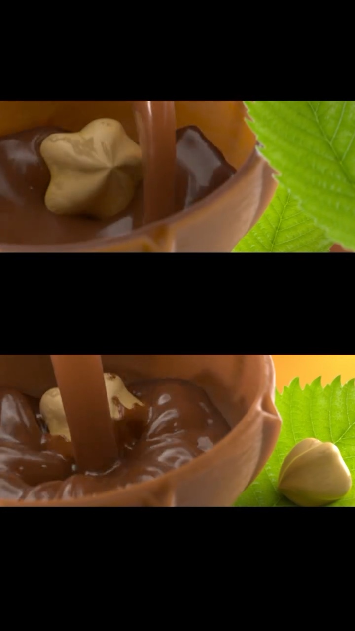 Two close-ups of a caramel cup: a hazelnut lies in inflowing nougat, hazelnut leaves beside it