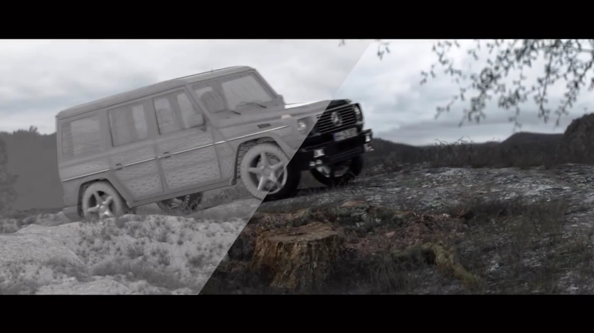 Mercedes G-Class driving over rocky terrain, spec-ad scene